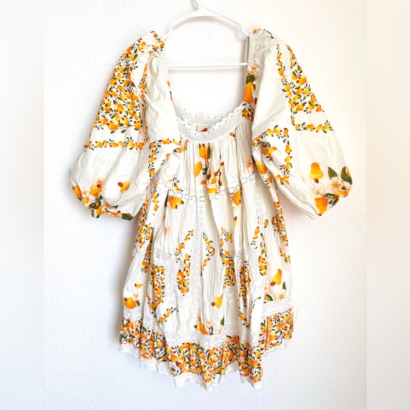 NWOT Farm Rio Cashew Puff-Sleeve Mini Dress Oversize Crochet Trim Boho XL - Picture 6 of 17